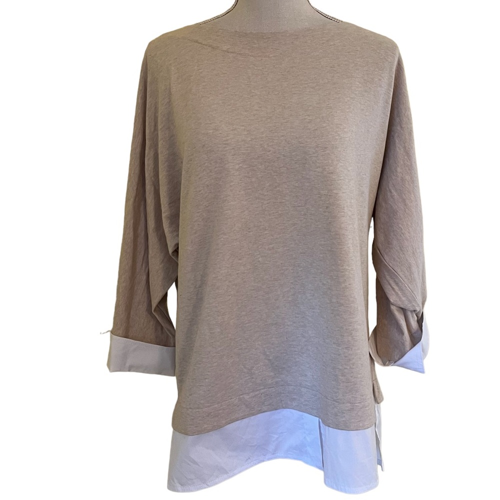 Lafayette 148 Tan and White "Duke" Twofer Long Sleeve Top S